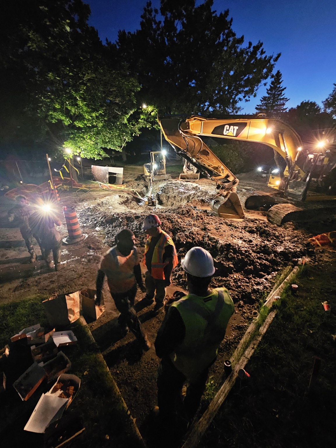 Night infrastructure work continuing under temporary work lighting
